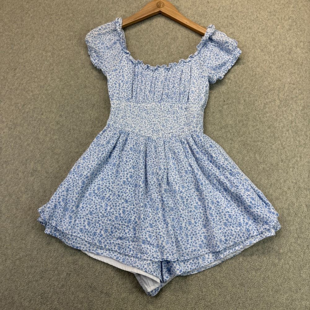 Hollister Womens Babydoll Romper Blue White Floral Smocked-Waist Puff Sleeve XS